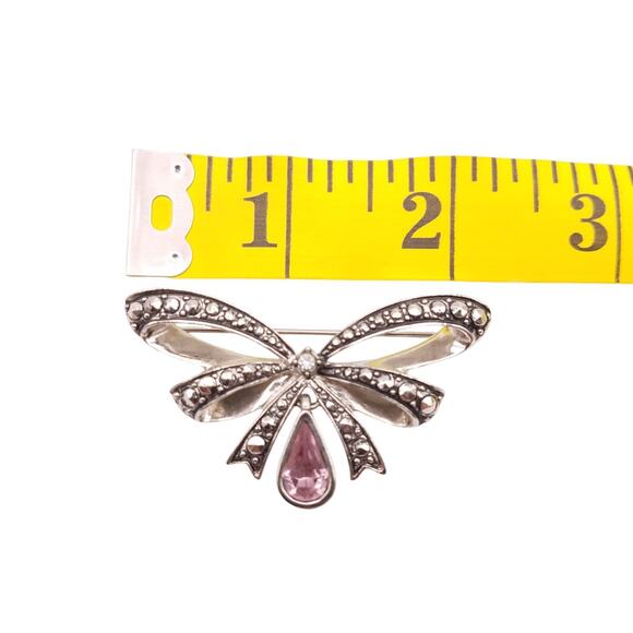 Vtg Avon Brooch Tied Bow Silver Tone Marcasite Pink Teardrop Dangle Rhinestone - Picture 5 of 5
